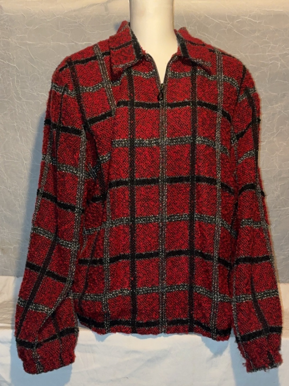 Alfred Dunner Red Plaid Bouclé Zip Front Jacket Petite 16P Cozy Cabin Core